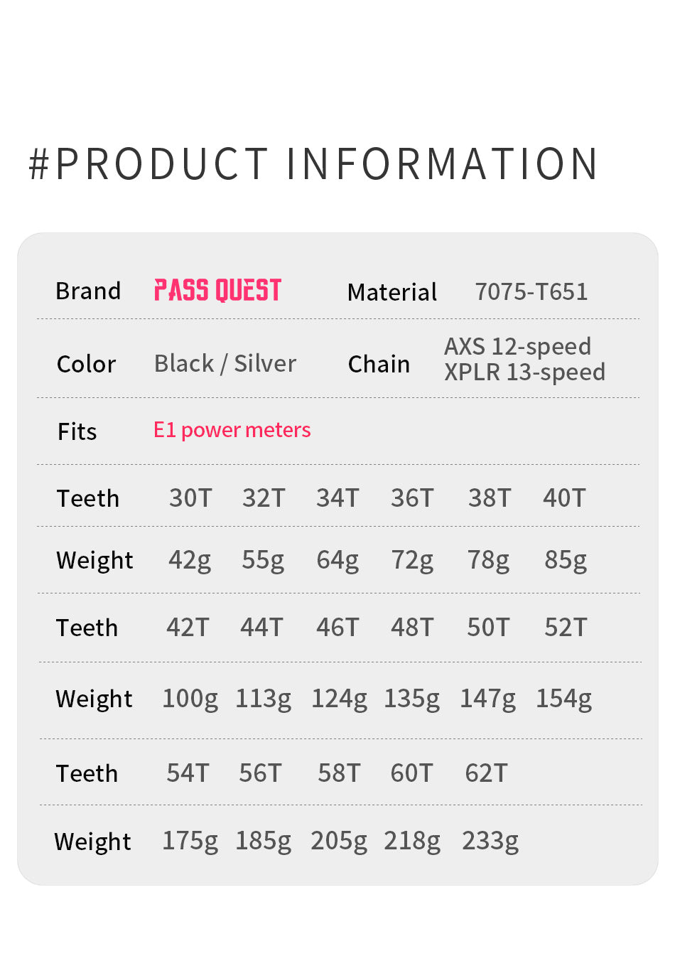 PASS QUEST Direct-Mount Threaded Chainring for SRAM XPLR AXS (12/13-Speed) – Narrow-Wide Profile (30-62T)