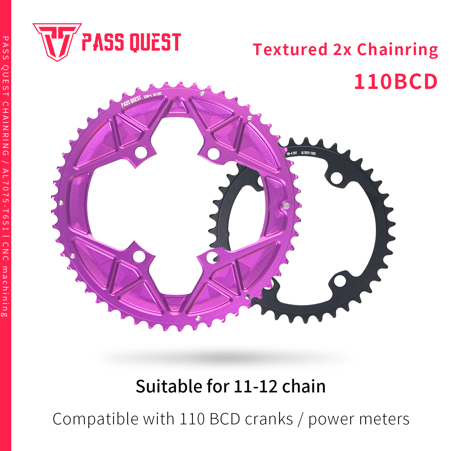 PASS QUEST 2X 110BCD Universal Textured Crankshaft Sprocket Set 11-12S