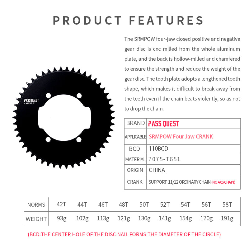 PASS QUEST SR-110 BCD (4-bolt AERO) Round AERO Narrow Wide Chainring