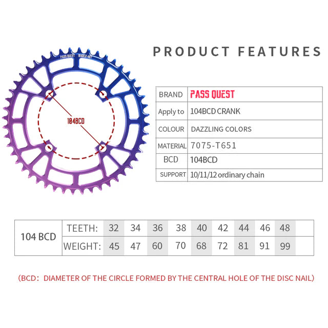 104BCD Round Fade Color Mountain Bike Road Bike Narrow Wide Chainring