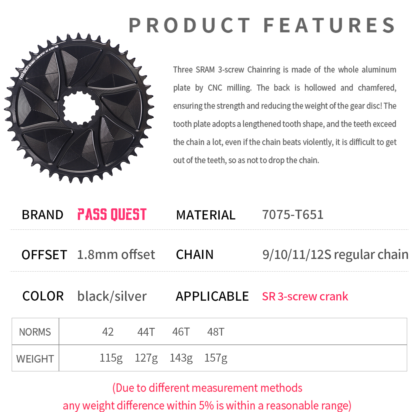 SRAM 3 Bolt (1.8mm offset outward) GRAVEL/ROAD Narrow Wide Chainring 42-48T