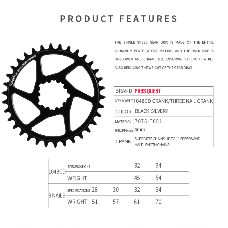 PASS QUEST 104BCD and GXP 3-nail single-speed chainring Dirt Jump urban and street Action Bike dedicated single-speed chainring